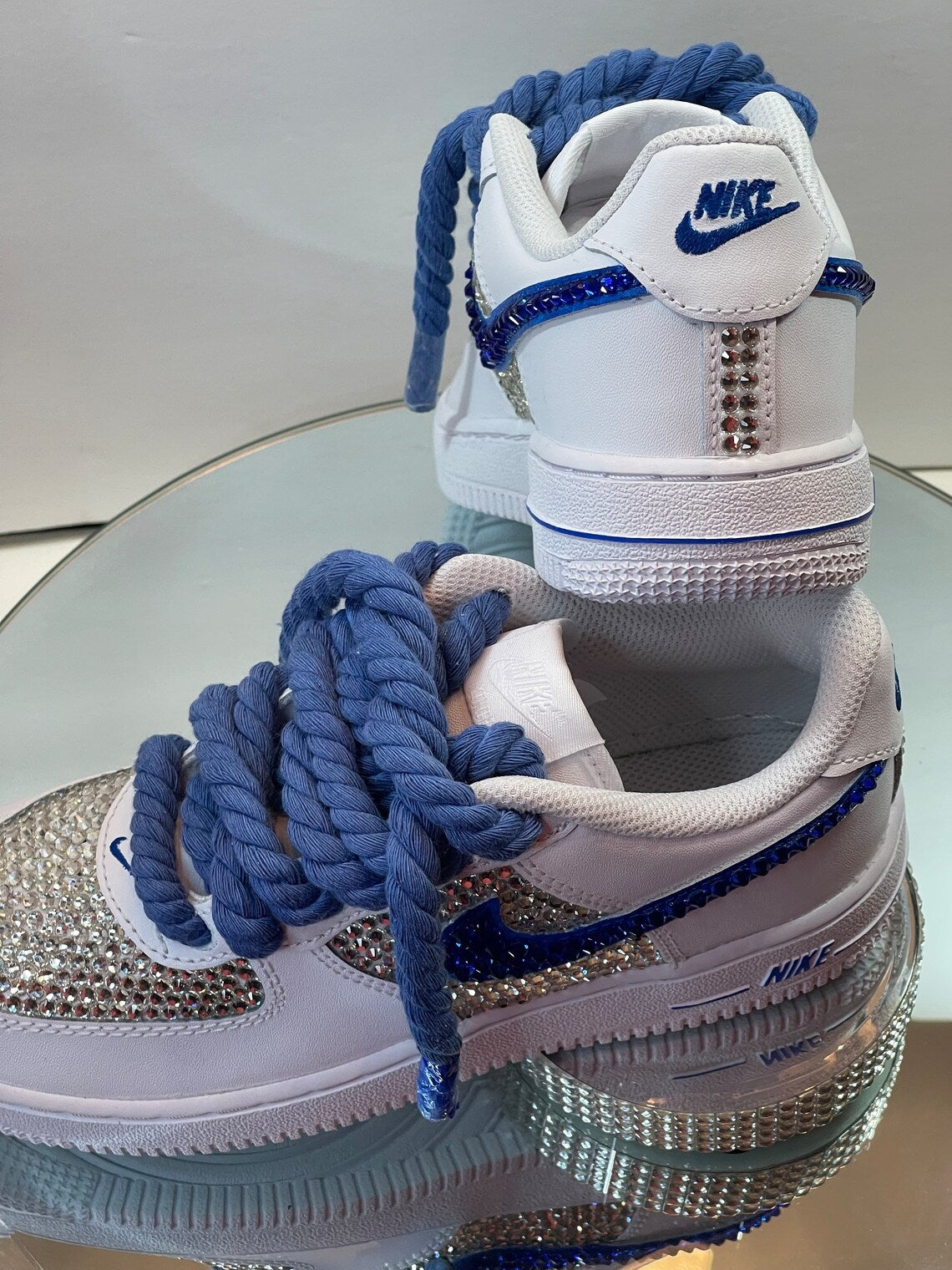 Custom Air Force 1 White Blue With Rhinestones And Thick Blue Laces