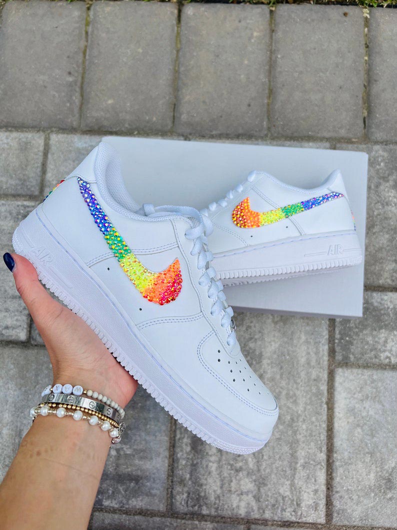 Custom Air Force 1 White Featuring Rainbow Rhinestones Swoosh