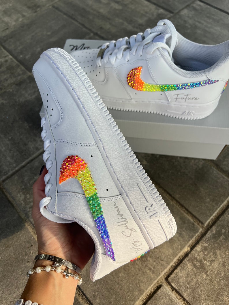 Custom Air Force 1 White Featuring Rainbow Rhinestones Swoosh