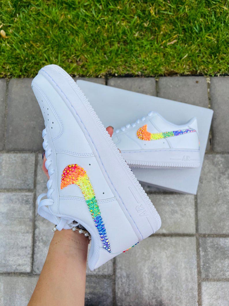 Custom Air Force 1 White Featuring Rainbow Rhinestones Swoosh
