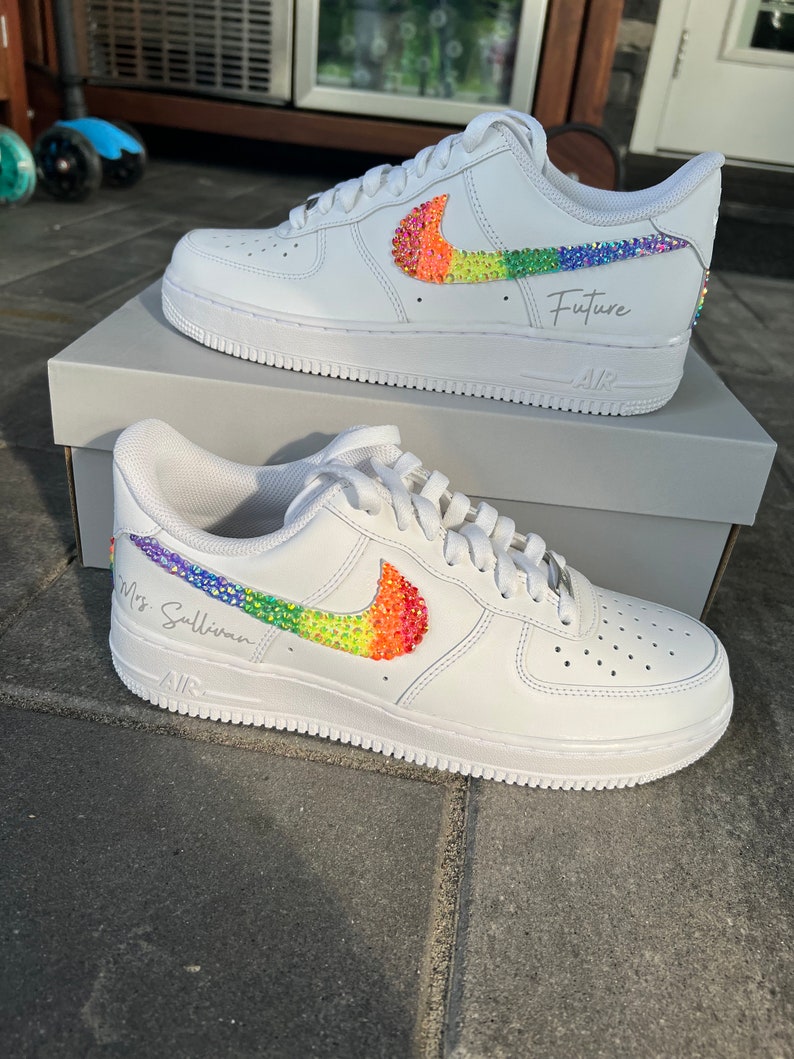 Custom Air Force 1 White Featuring Rainbow Rhinestones Swoosh