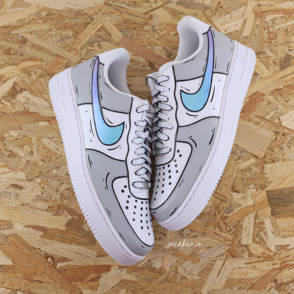 Custom Air Force 1 White Grey Baby Blue Cartoon Pattern