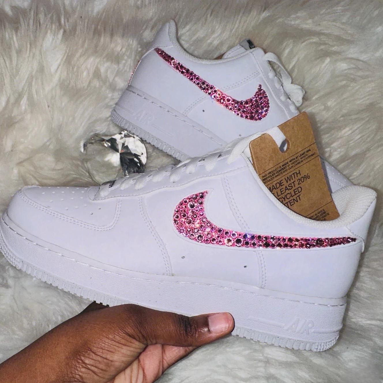 Custom Air Force 1 White Pink Rhinestones Swoosh