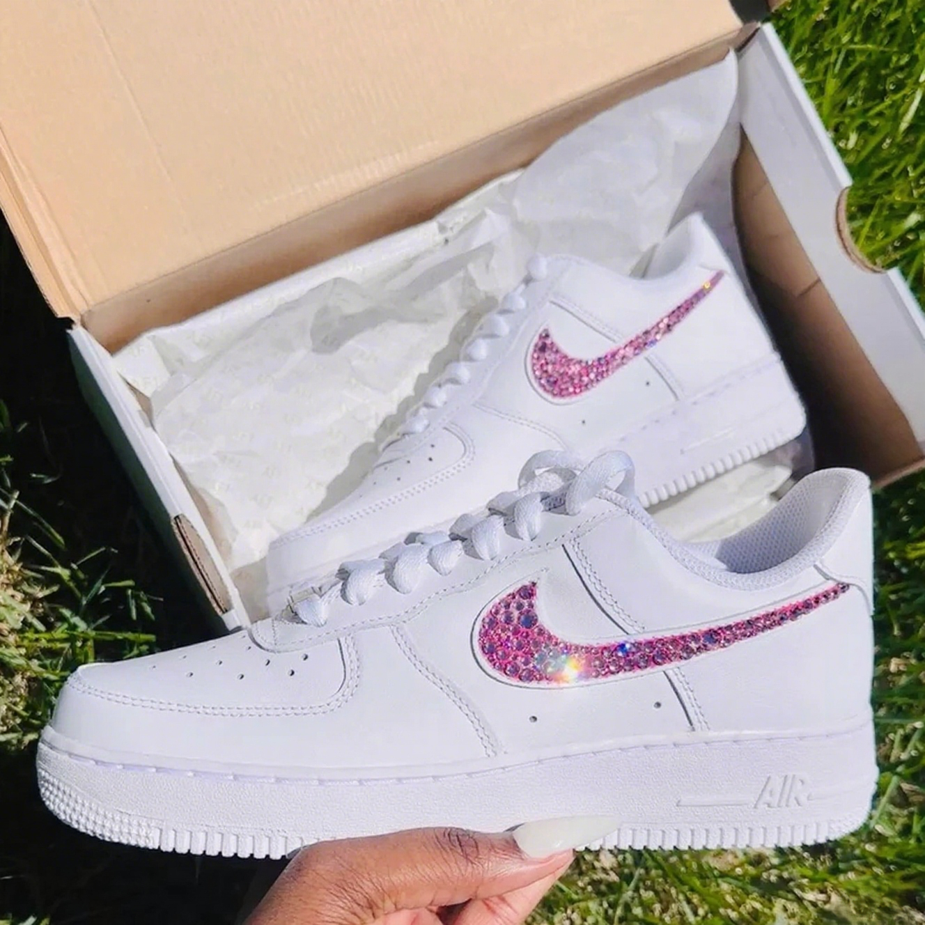 Custom Air Force 1 White Pink Rhinestones Swoosh