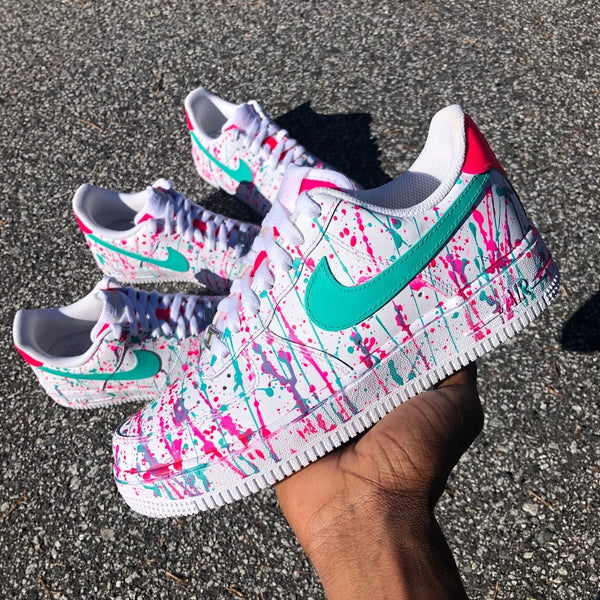 Custom Air Force 1 White Pink Teal Splatter Design