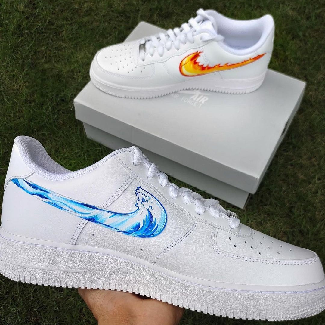 Custom Air Force 1 White Wave And Flame Swoosh