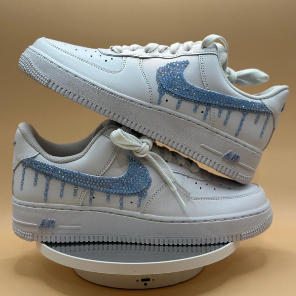 Custom Air Force 1 White White Blue Rhinestone Drip Design