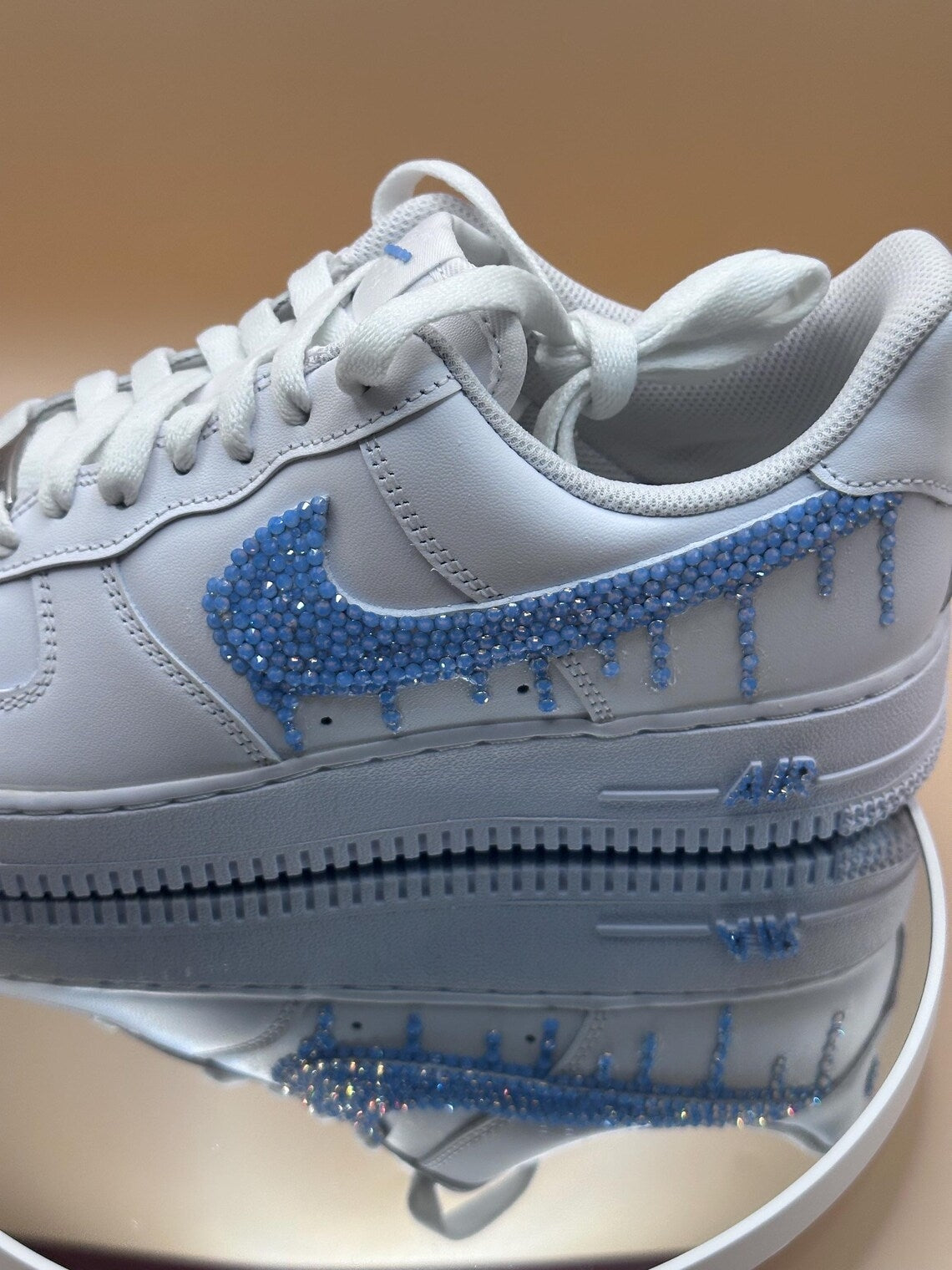Custom Air Force 1 White White Blue Rhinestone Drip Design