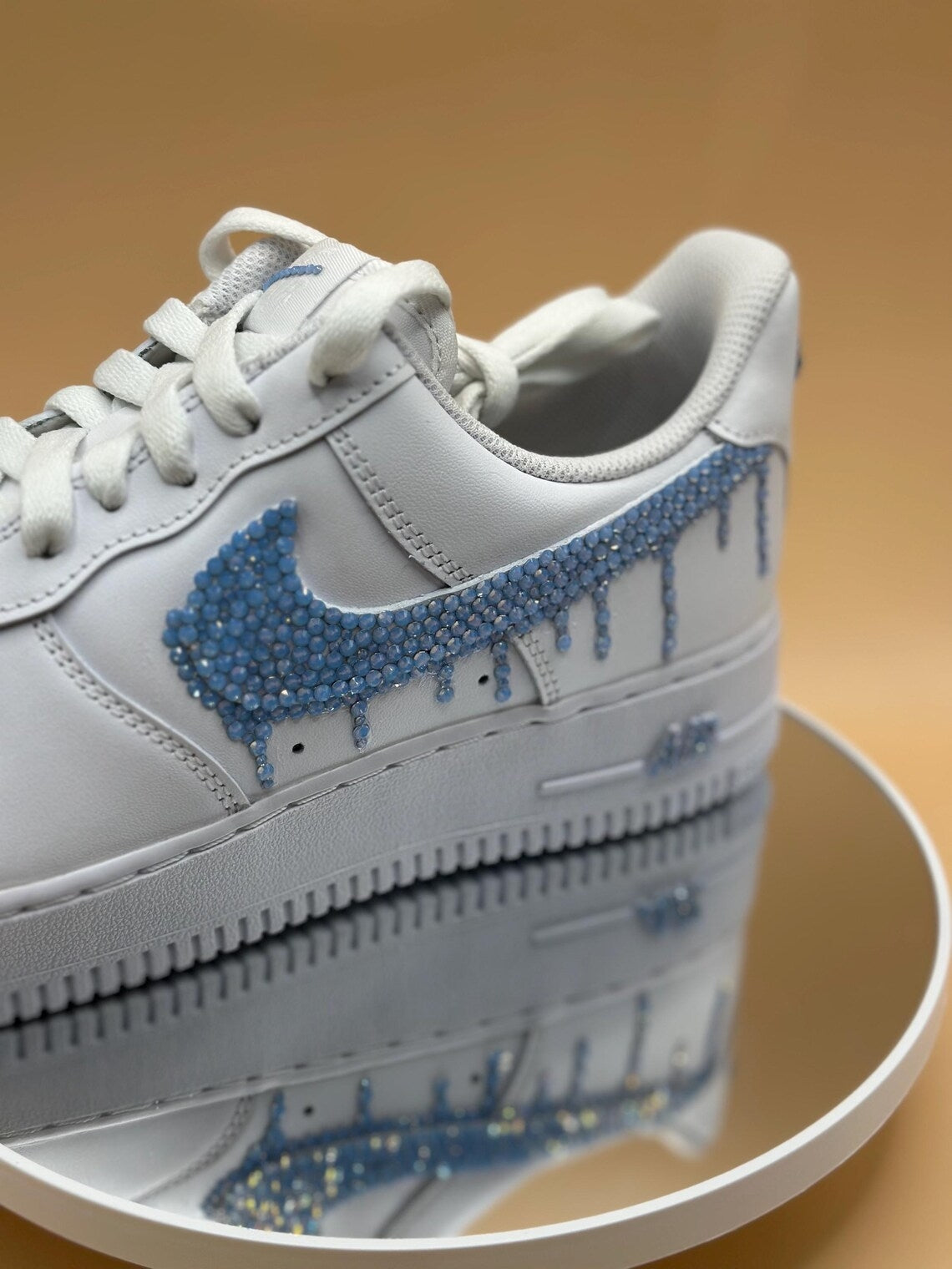 Custom Air Force 1 White White Blue Rhinestone Drip Design