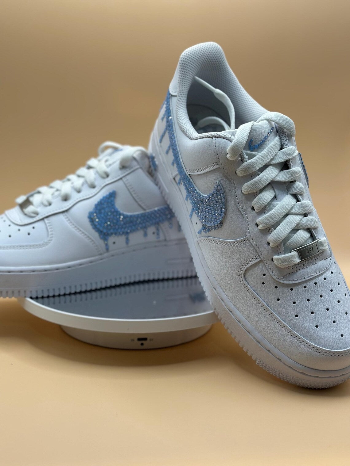 Custom Air Force 1 White White Blue Rhinestone Drip Design