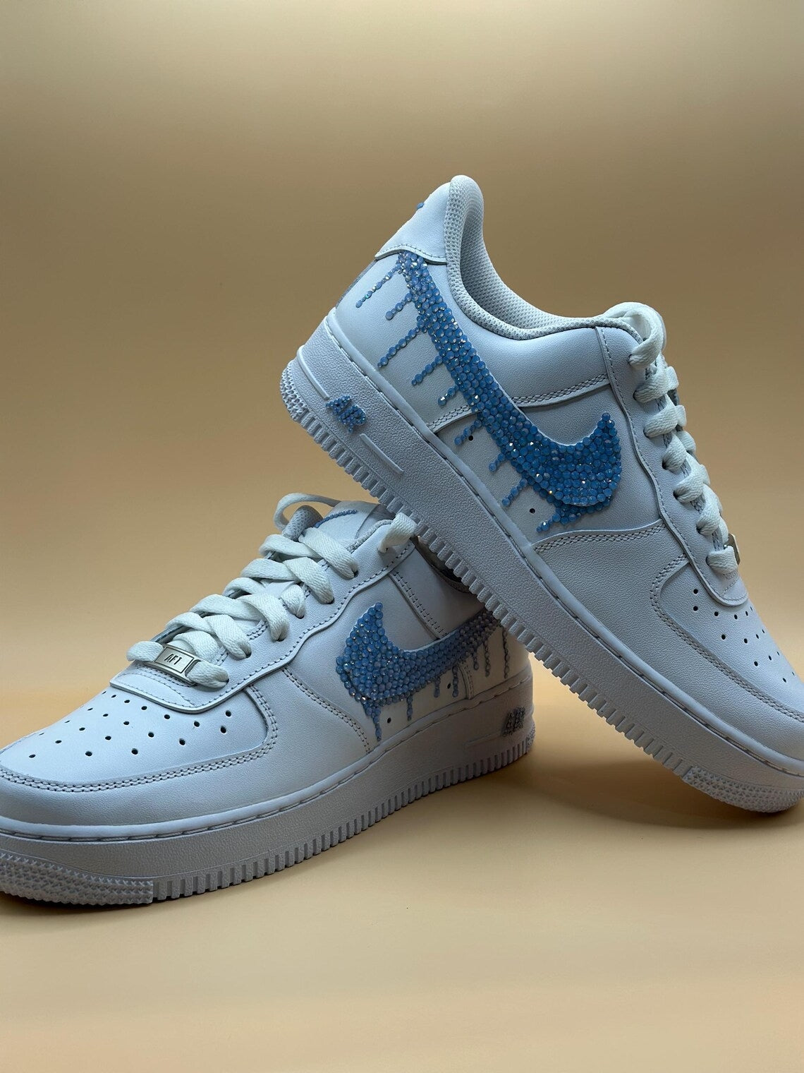 Custom Air Force 1 White White Blue Rhinestone Drip Design