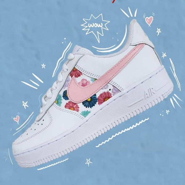 Custom Air Force 1 White With Baby Pink Swoosh And Floral Pattern