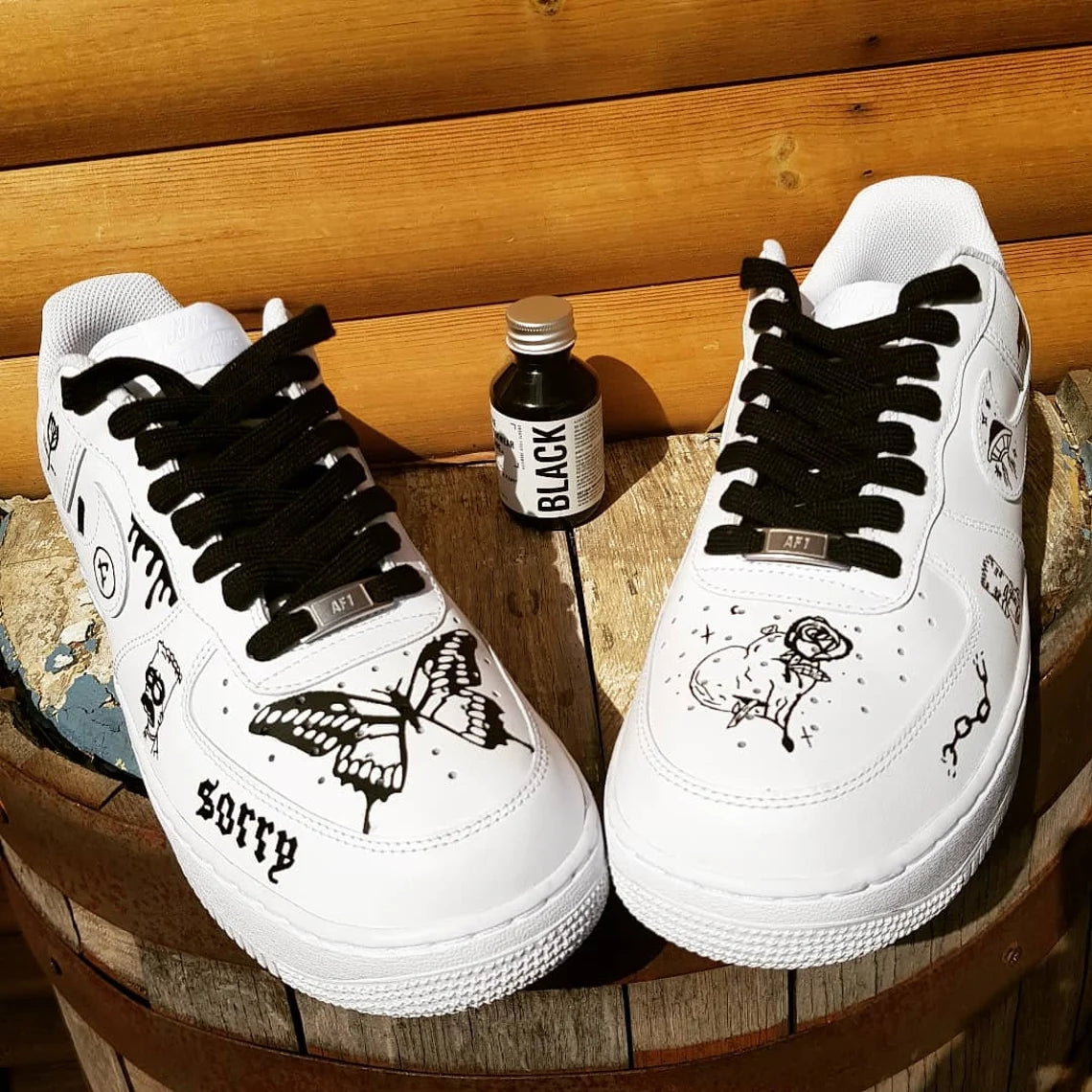 Custom Air Force 1 White With Black Butterfly And Cartoon Patterns