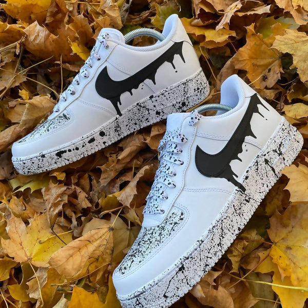 Custom Air Force 1 White With Black Drip And Splatter Pattern