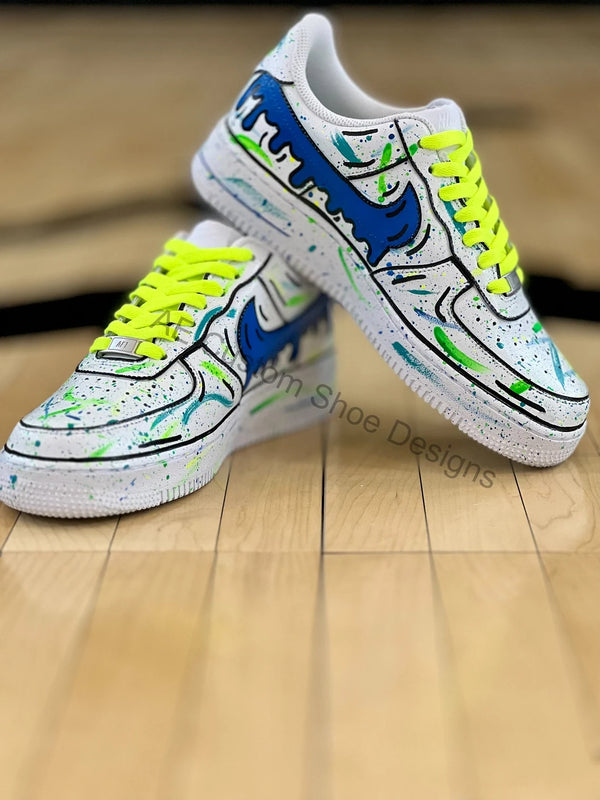 Custom Air Force 1 White With Blue Green Splatter And Graphic Design