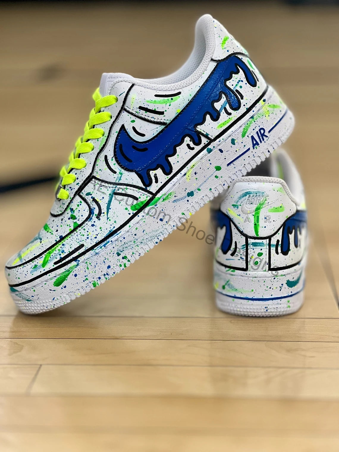 Custom Air Force 1 White With Blue Green Splatter And Graphic Design