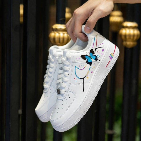 Custom Air Force 1 White With Butterfly And Colorful Ink Splatter