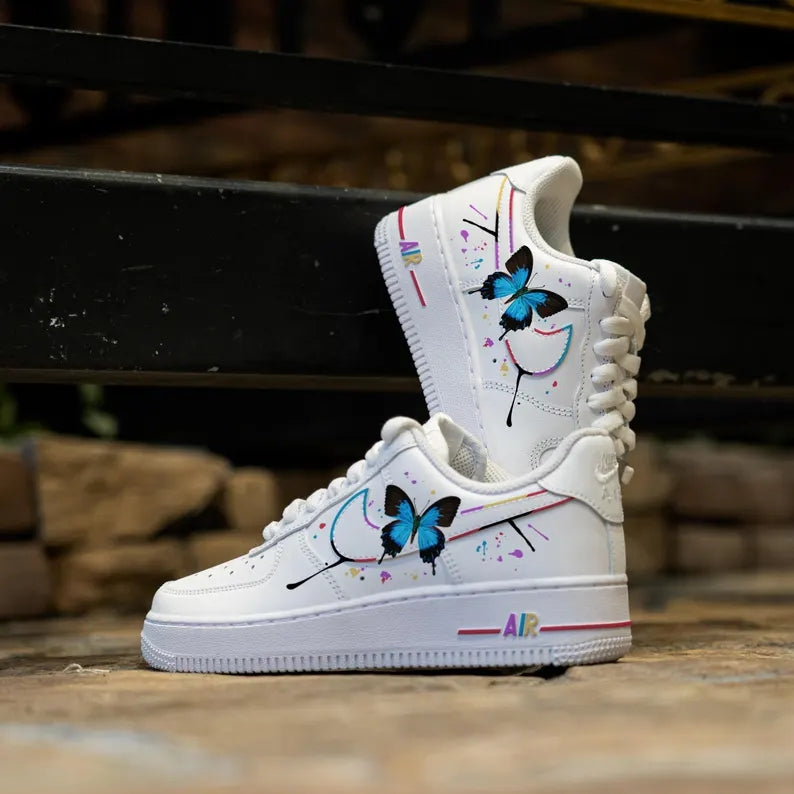 Custom Air Force 1 White With Butterfly And Colorful Ink Splatter