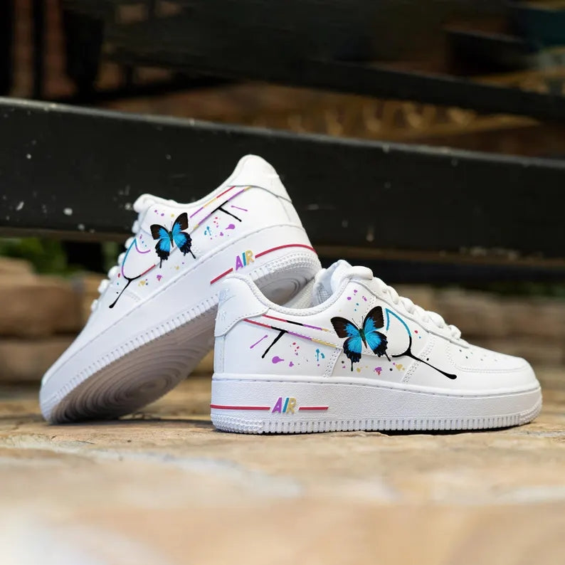 Custom Air Force 1 White With Butterfly And Colorful Ink Splatter