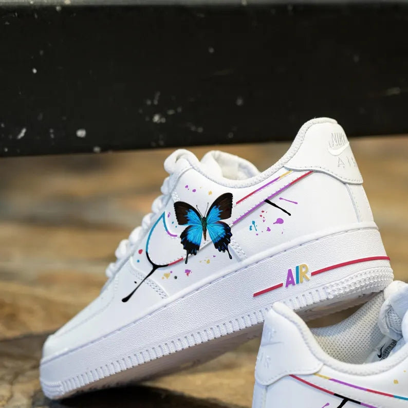 Custom Air Force 1 White With Butterfly And Colorful Ink Splatter