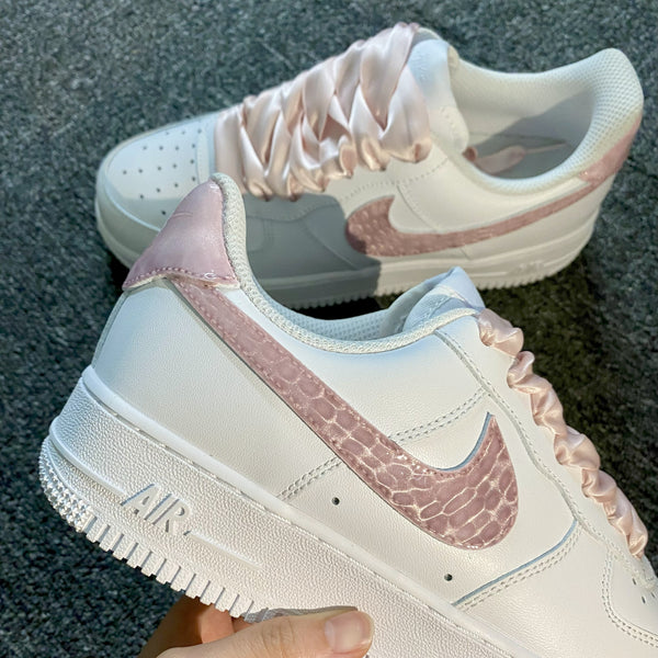 Custom Air Force 1 White With Cat's Eye Baby Pink Croc - print