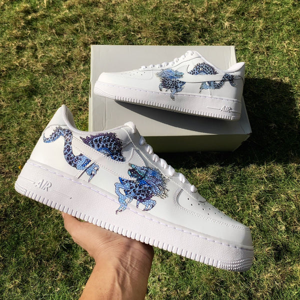 Custom Air Force 1 White With Dragon Patterns And Rhinestones