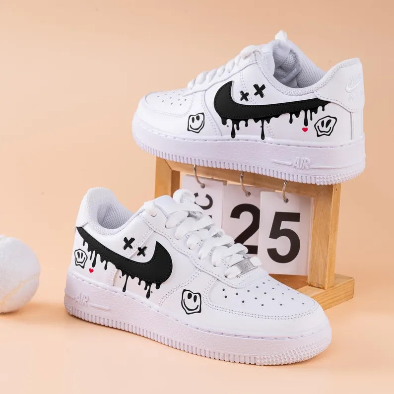 Custom Air Force 1 White With Dripping Black Logo And Smiley Face