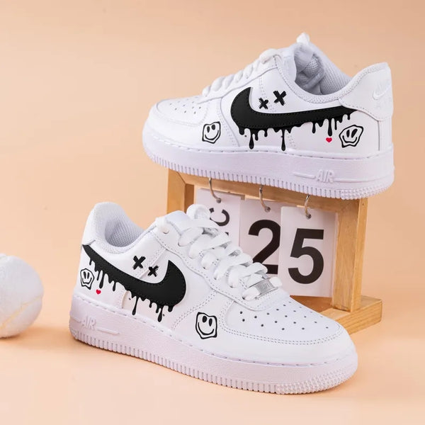 Custom Air Force 1 White With Dripping Black Logo And Smiley Face