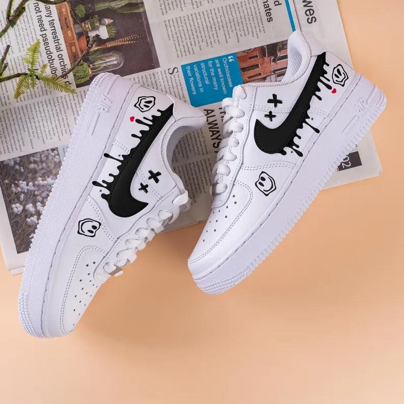 Custom Air Force 1 White With Dripping Black Logo And Smiley Face