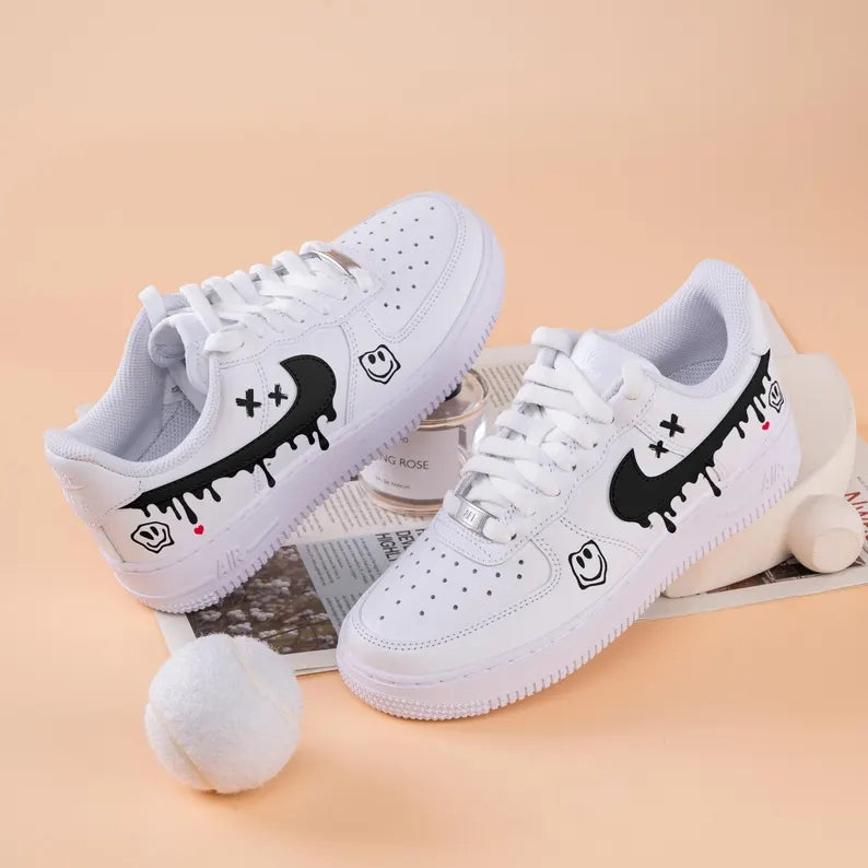Custom Air Force 1 White With Dripping Black Logo And Smiley Face