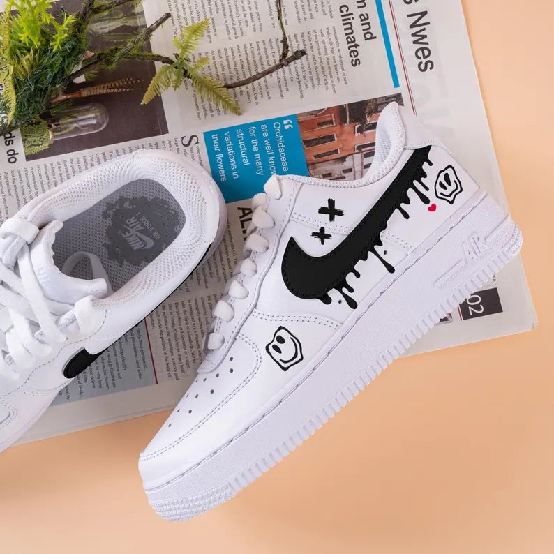 Custom Air Force 1 White With Dripping Black Logo And Smiley Face