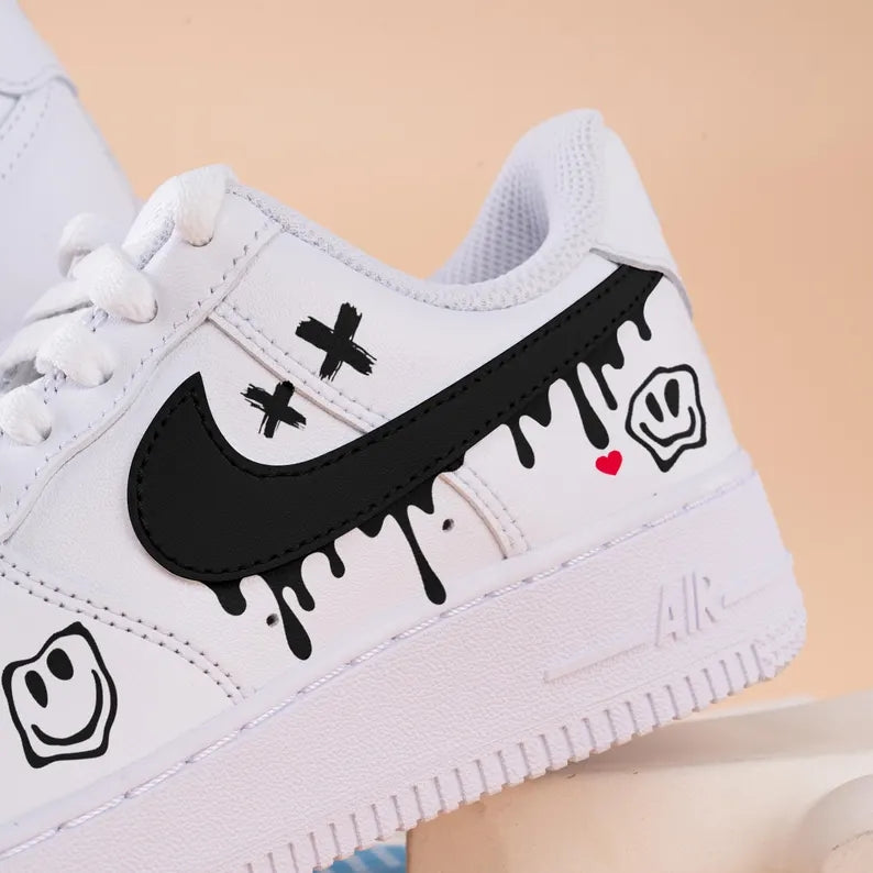 Custom Air Force 1 White With Dripping Black Logo And Smiley Face