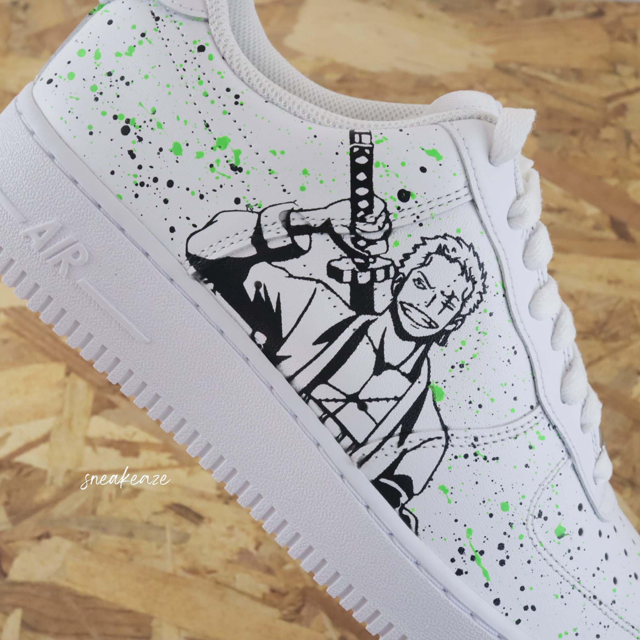 Custom Air Force 1 White With One Piece Characters And Green Splatter