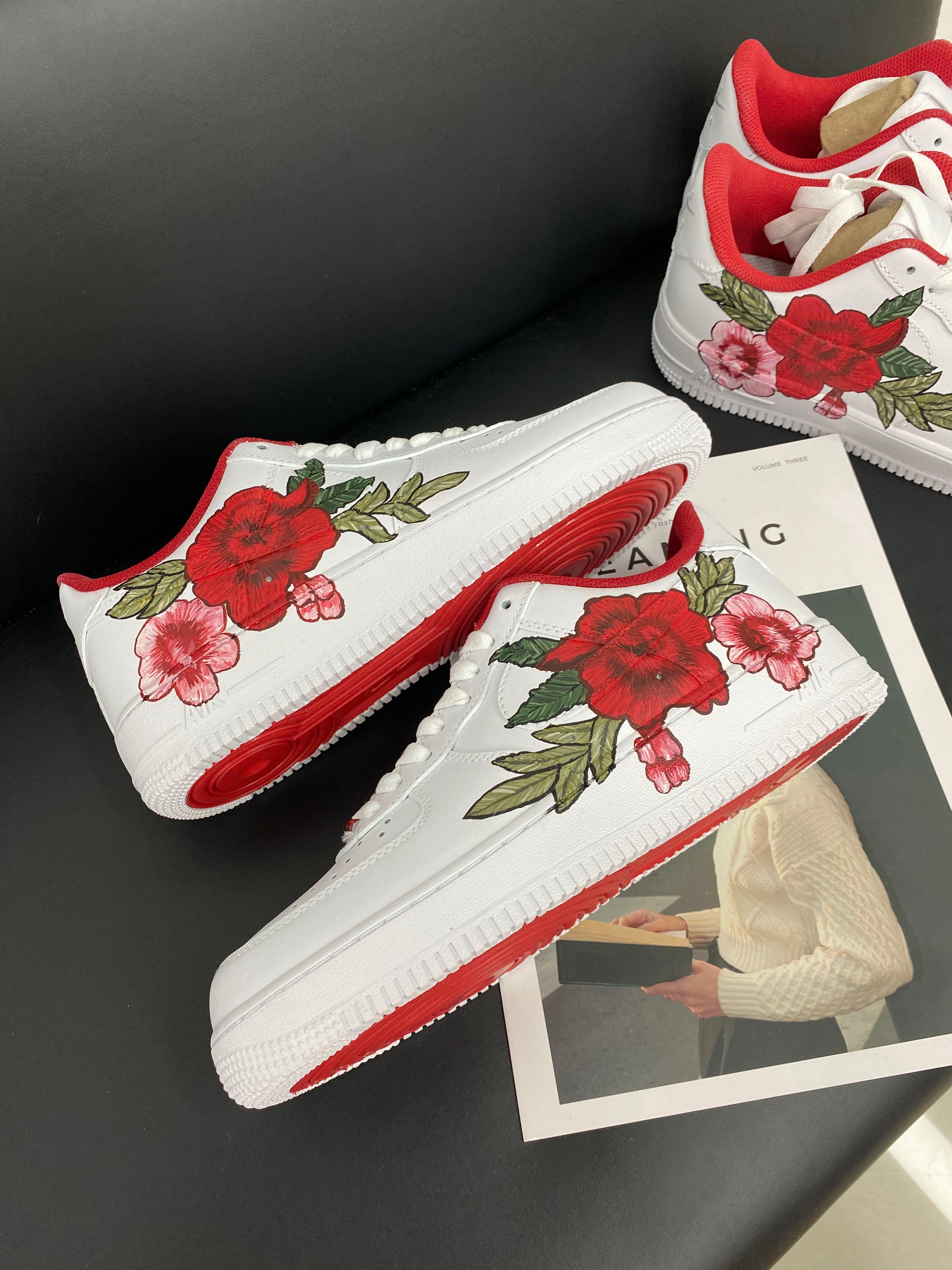 Custom Air Force 1 White With Red and Pink Flowers