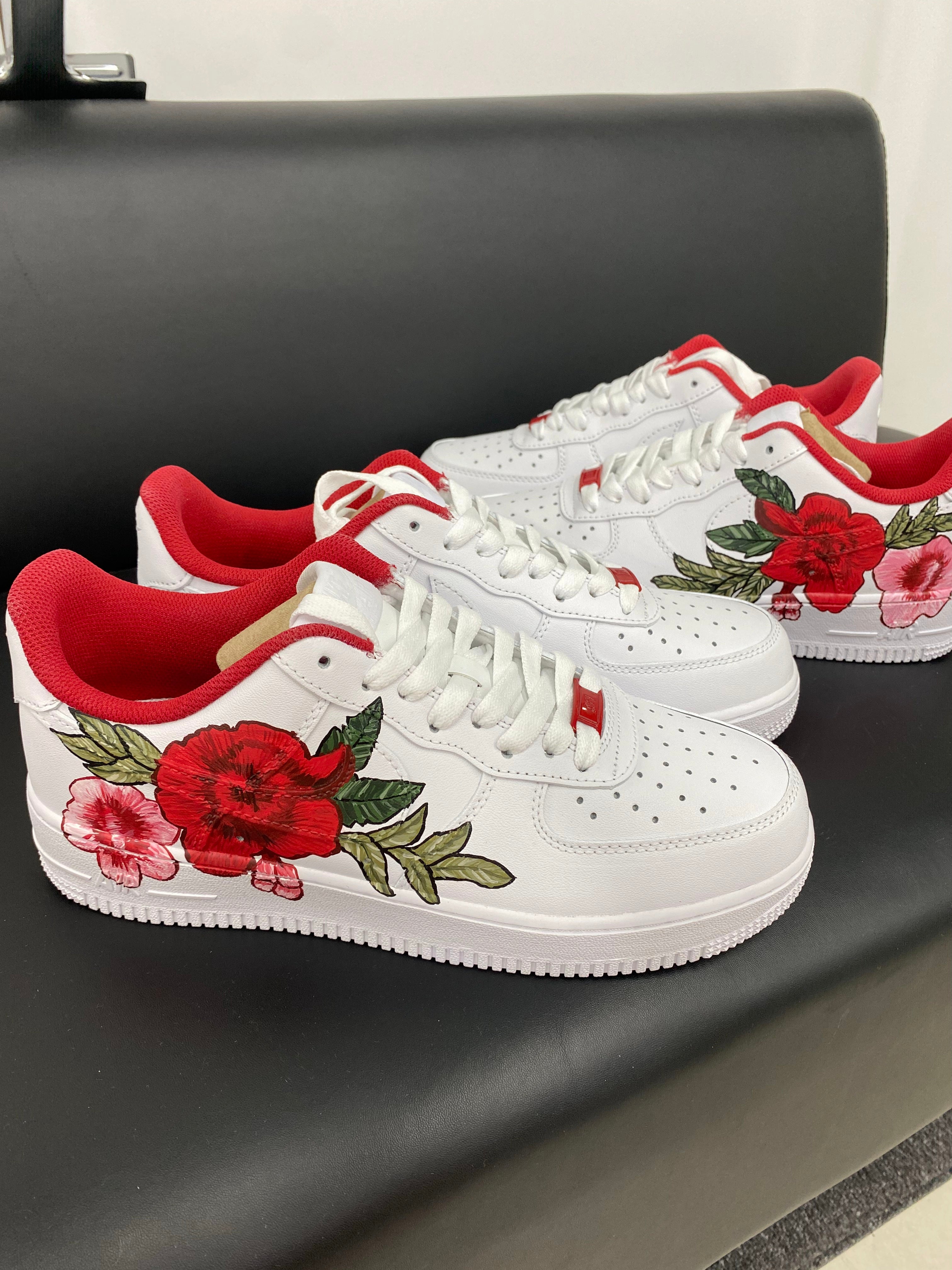 Custom Air Force 1 White With Red and Pink Flowers