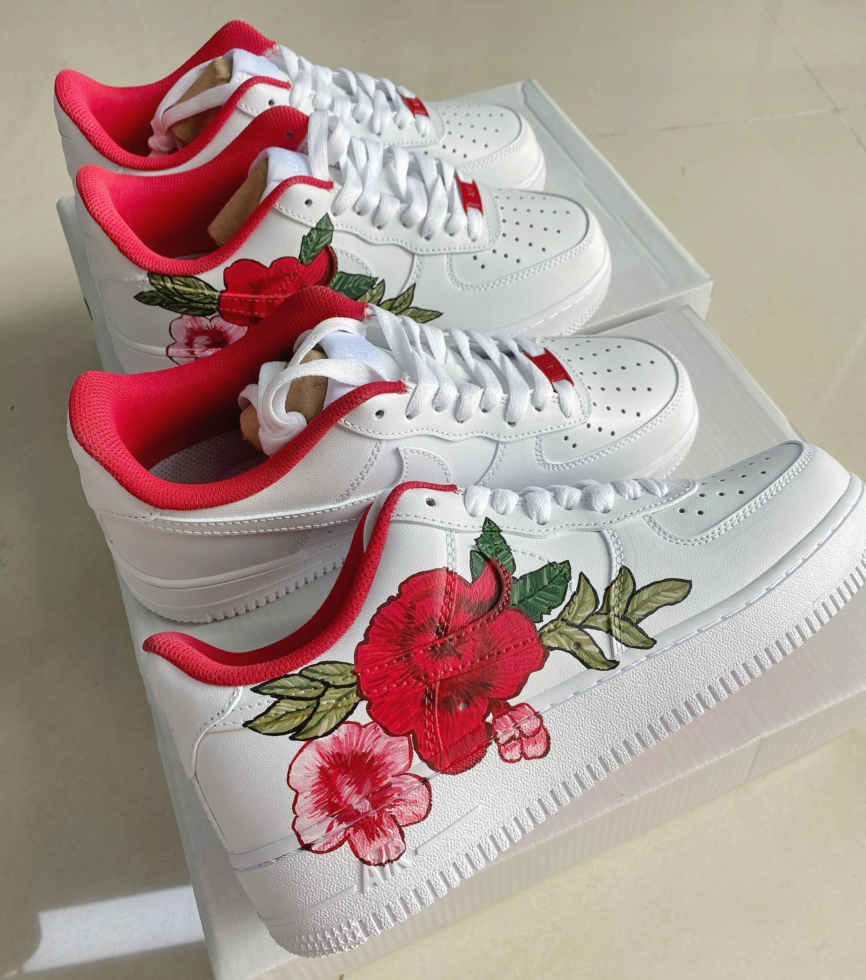 Custom Air Force 1 White With Red and Pink Flowers