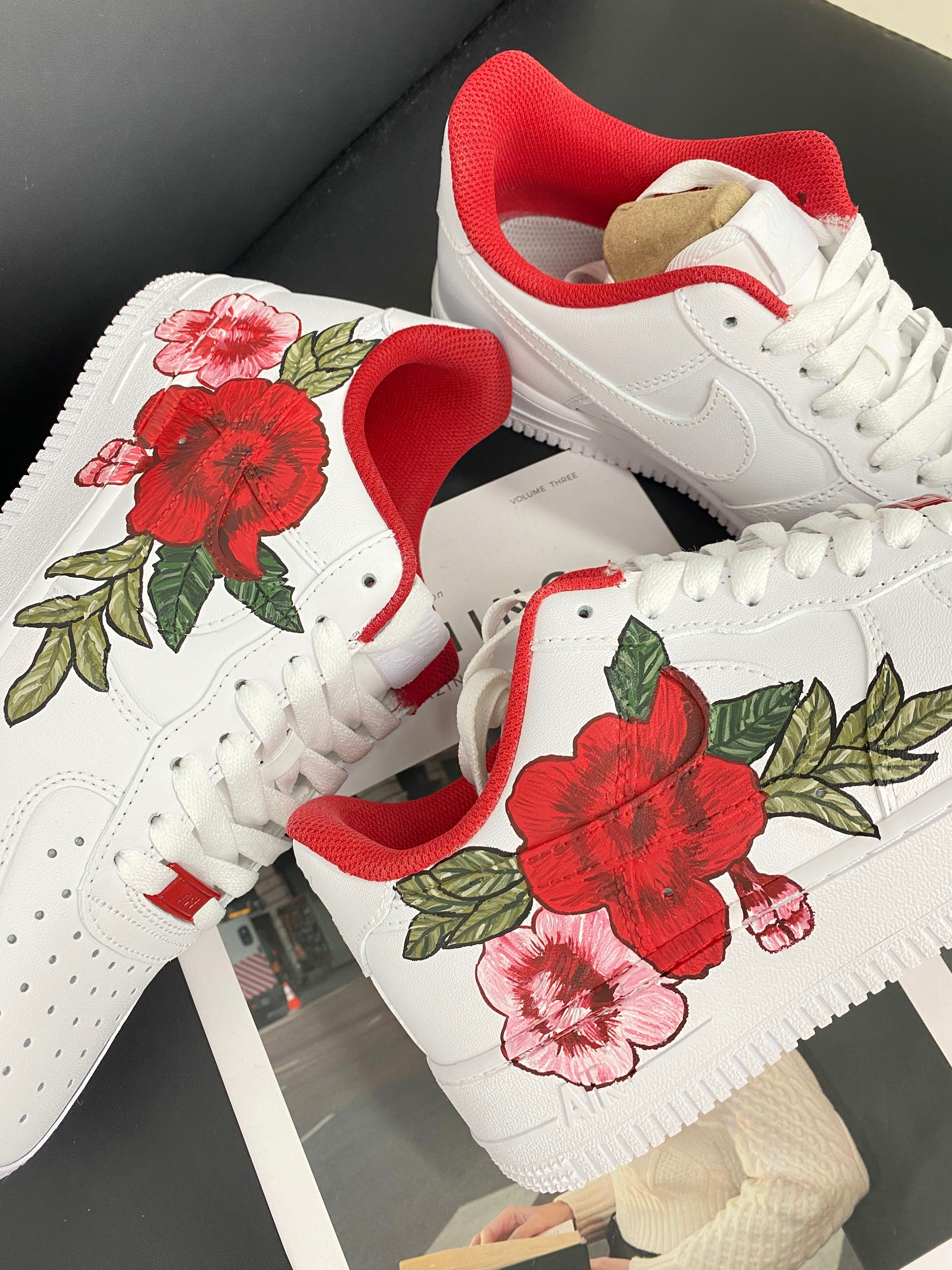 Custom Air Force 1 White With Red and Pink Flowers