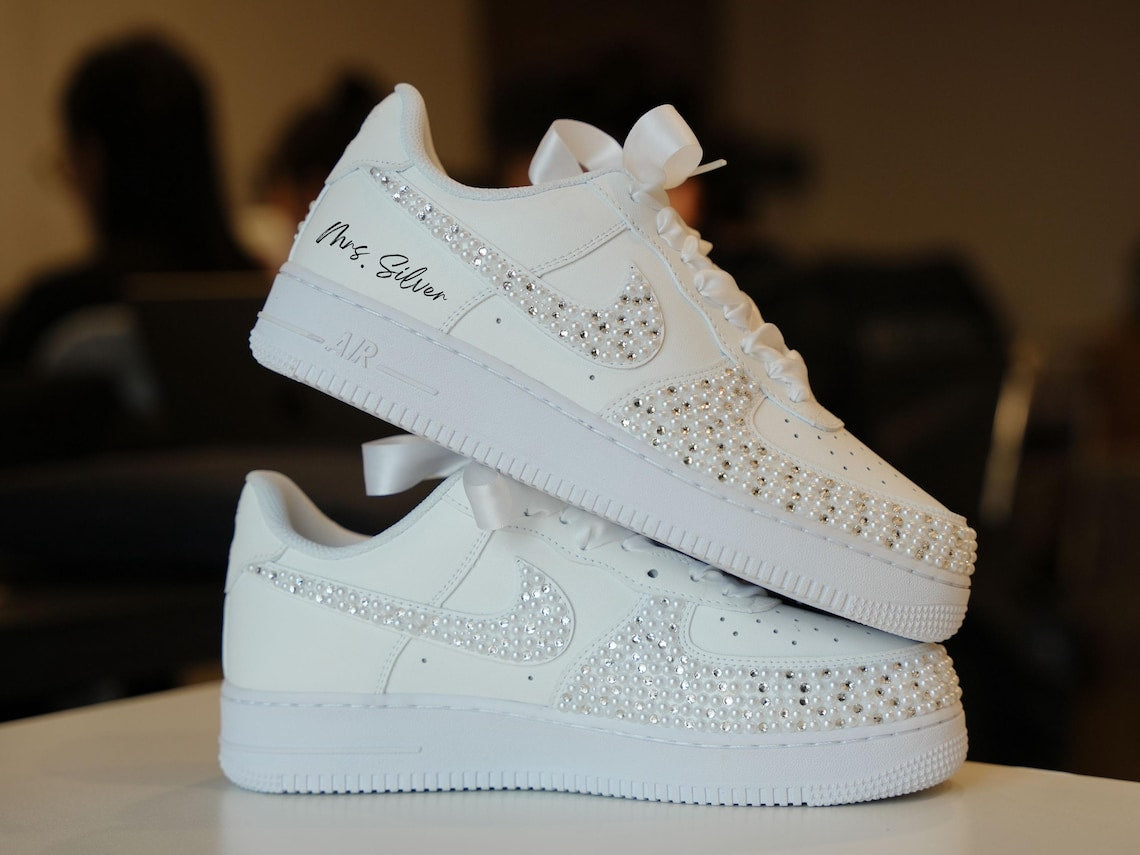 Custom Air Force 1 White With Rhinestones And Pearls
