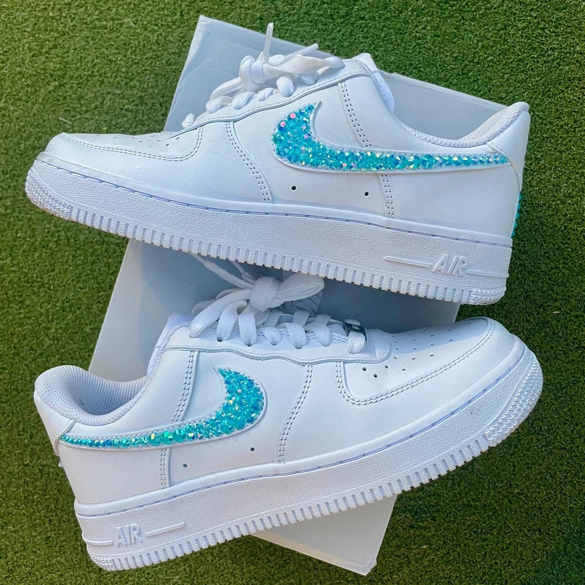 Custom Air Force 1 White With Teal Rhinestones Swoosh