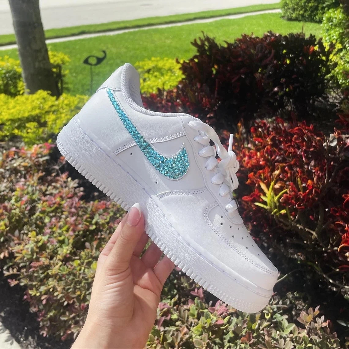 Custom Air Force 1 White With Teal Rhinestones Swoosh