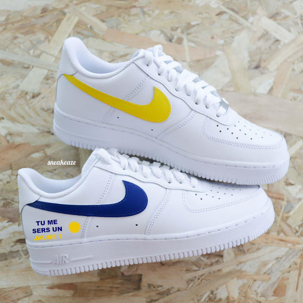 Custom Air Force 1 White With Yellow And Blue Swoosh And French Text Design