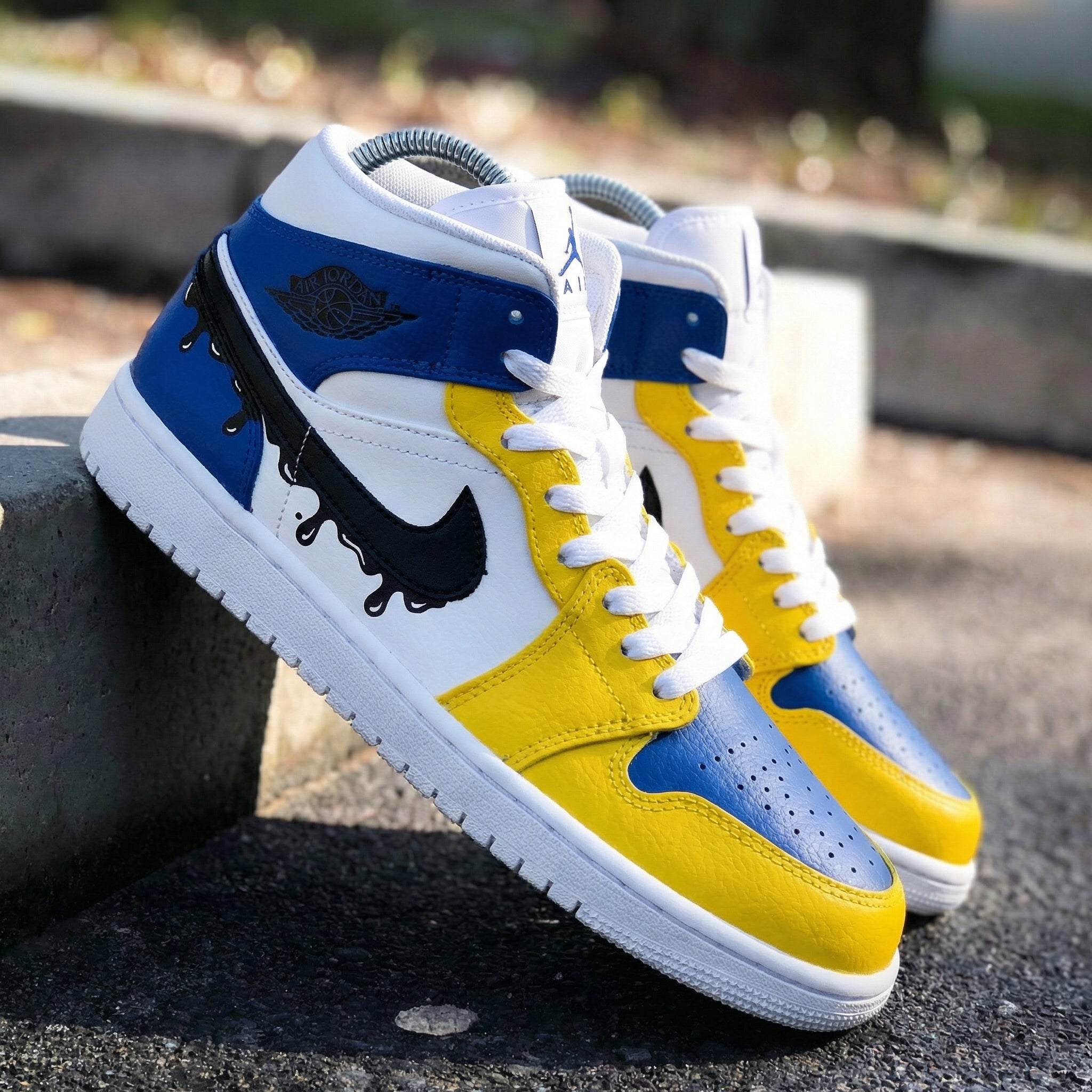 Custom Air Jordan 1 Black Drip Design Blue Yellow – Unite Custom