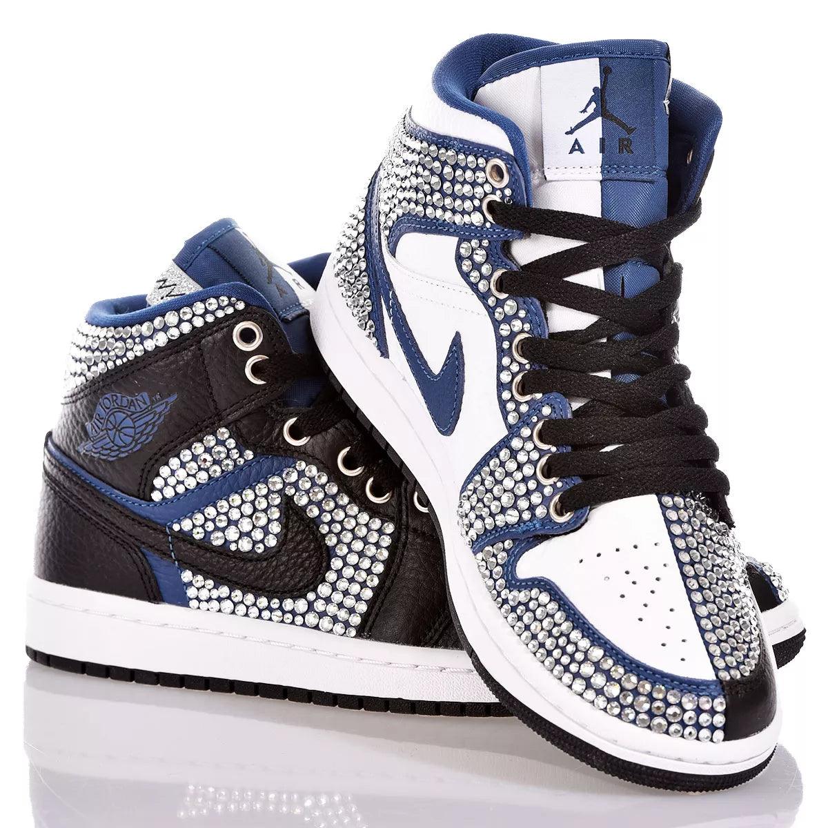 Custom Air Jordan 1 Black White and Blue with Rhinestones