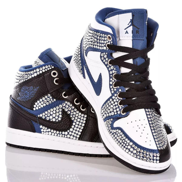 Custom Air Jordan 1 Black White and Blue with Rhinestones