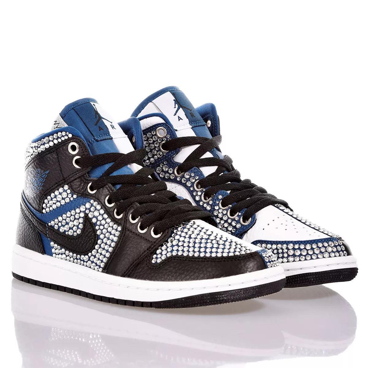 Custom Air Jordan 1 Black White and Blue with Rhinestones