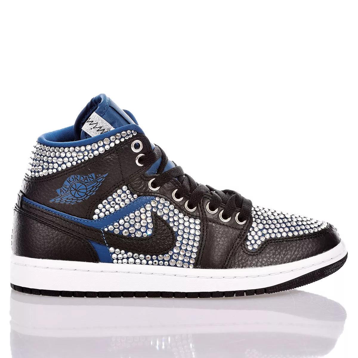 Custom Air Jordan 1 Black White and Blue with Rhinestones