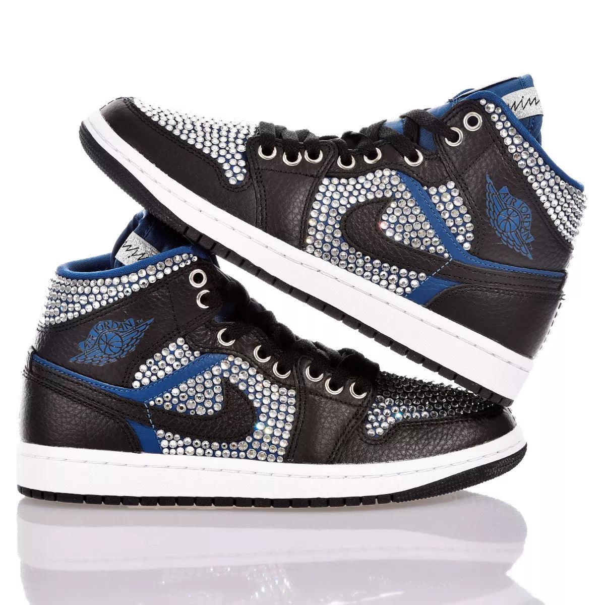 Custom Air Jordan 1 Black White and Blue with Rhinestones