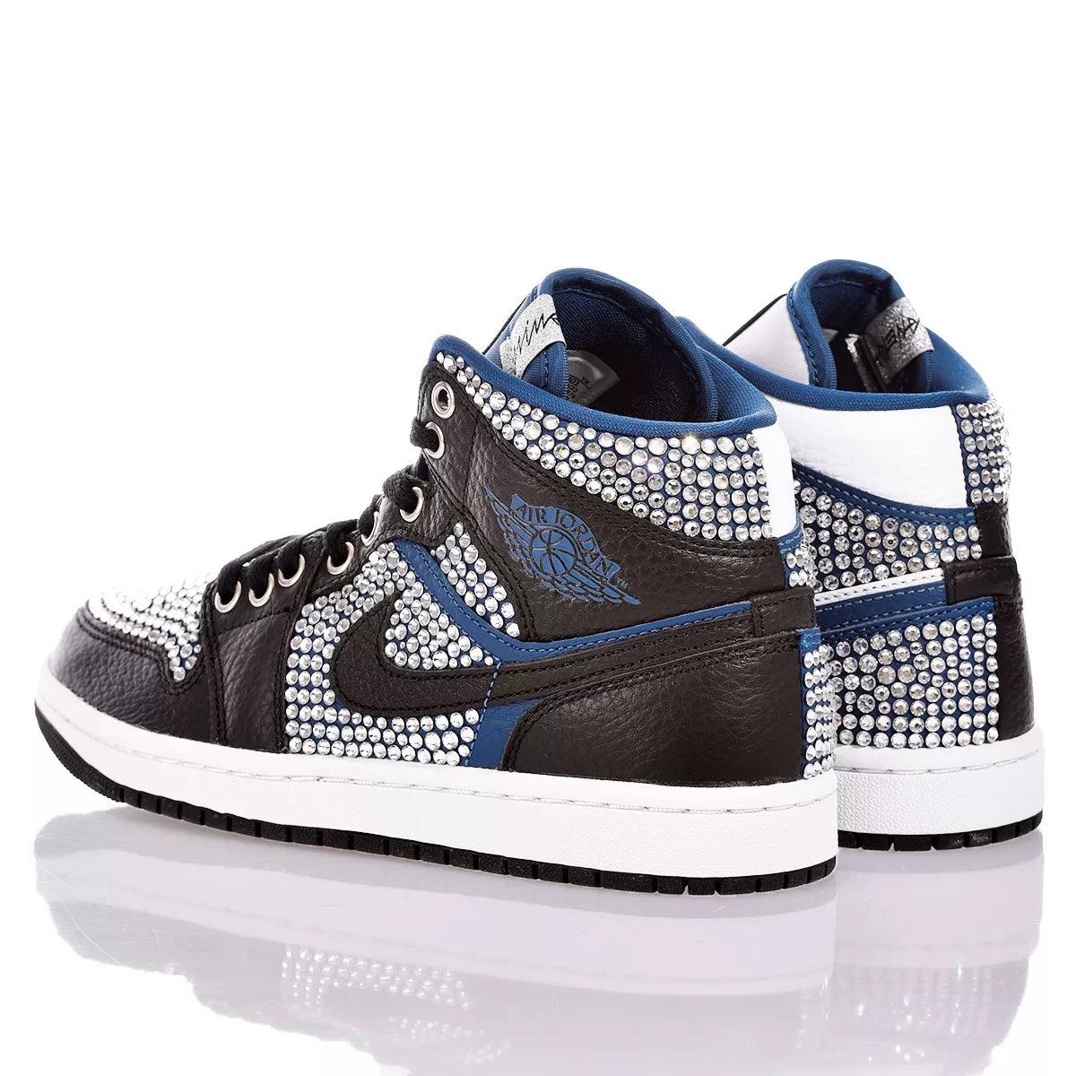Custom Air Jordan 1 Black White and Blue with Rhinestones