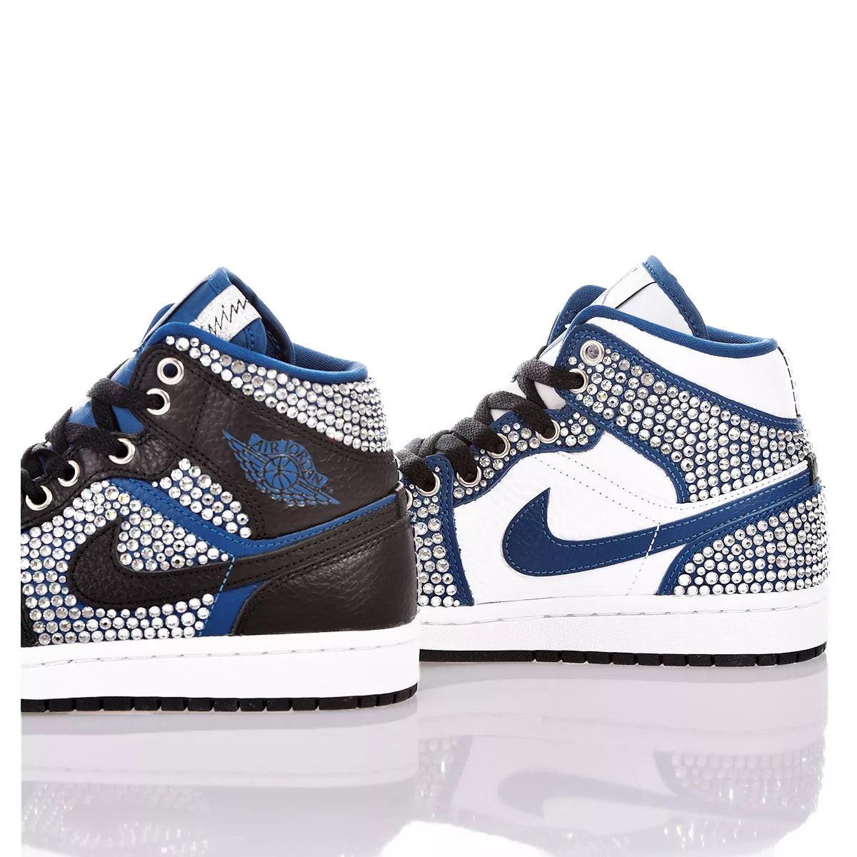 Custom Air Jordan 1 Black White and Blue with Rhinestones