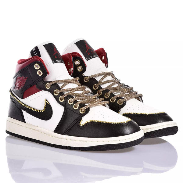 Custom Air Jordan 1 Black White And Red With Gold Rhinestones